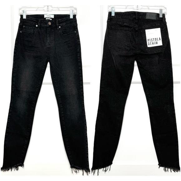 NWT PISTOLA Mid Rise Washed Black Denim Ankle Cropped Fray Hem Skinny Jeans 27 - Picture 3 of 6